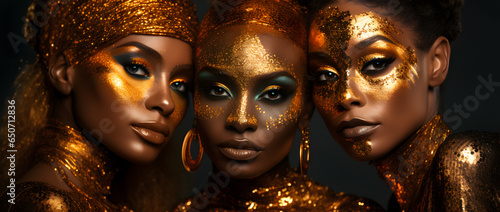 Beautiful African black fashionable women with the golden makeup isolated on dark sperkling background