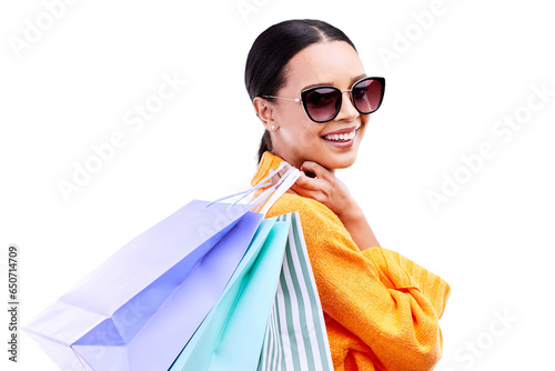 Fashion, shopping and portrait of woman with bag on isolated, png and transparent background. Boutique sale, mall and happy person with sunglasses excited for discount, clothes deal or retail bargain