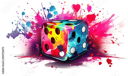 Illustration of a dice and a heart covered in neon splashes on a white background, Generative Ai