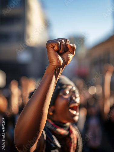 African American people in a crowd fighting and protesting in the street with raised fists against racism and racial discrimination, for change, freedom, justice and equality - Black Lives Matter