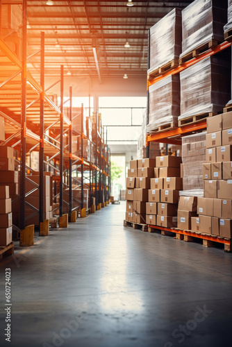 Vertical view of a retail warehouse full of shelves with goods in cartons, with pallets and forklifts and sun light. Logistics and transportation blurred background. Product distribution center.
