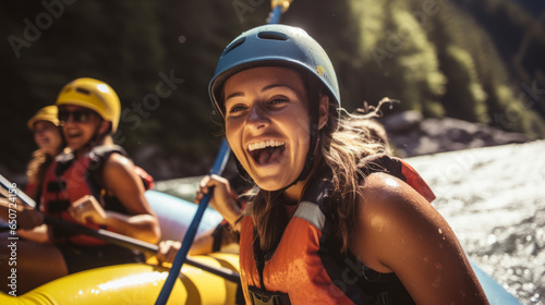 Young woman on a thrilling white-water rafting expedition. She commands the raft with confidence through challenging rapids, creating an unforgettable outdoor experience with her friends.