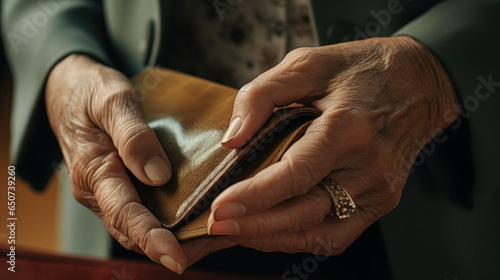 An elderly person hands holding an empty wallet