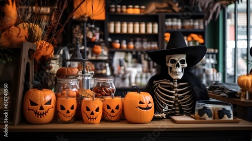 Halloween decorations of a cafe, a person in dark Halloween costume. Modern dark interior.