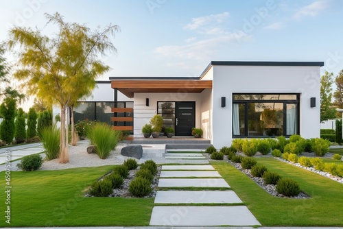 A minimalist cubic house designed in a modern ranch style, featuring a terrace and meticulously landscaped front yard to enhance its residential architecture exterior.
