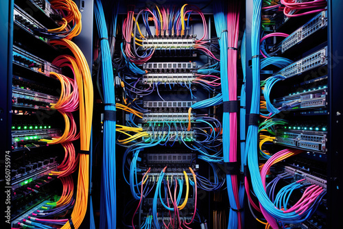 The system configures the wires of the network equipment. Structured cabling systems. Network switch close-up. Storage and transmission of data. Server router.