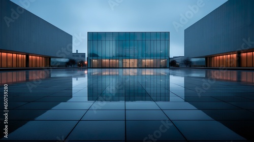 An urban plaza with a modern architecture building and a reflecting pool in front