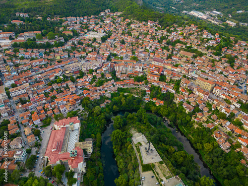 An aerial view of Veliko Tarnovo reveals a Bulgarian city rich in history and culture, with its beautiful buildings, streets, and picturesque hills.
