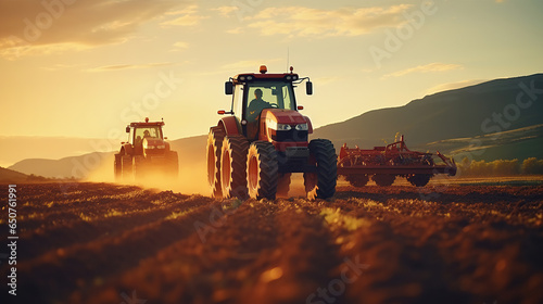 Agricultural workers with tractors. Ploughing a field with tractor at sunset.