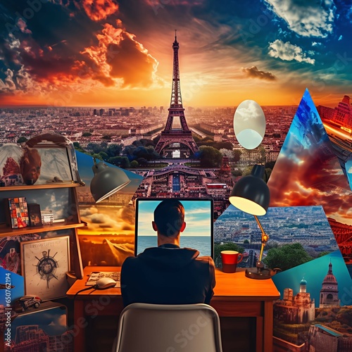 Composite image featuring a digital nomad working in various iconic locations around the world, such as the Eiffel Tower in Paris or the Grand Canyon in the United States. Showcase the diversity and e