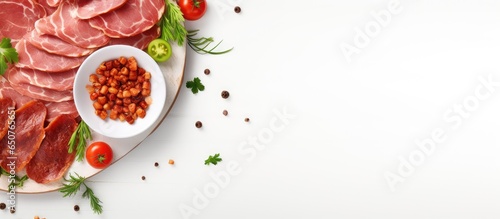 Fresh cucumber slices with cured meat and bacon on a white plate Closeup top view isolated pastel background Copy space