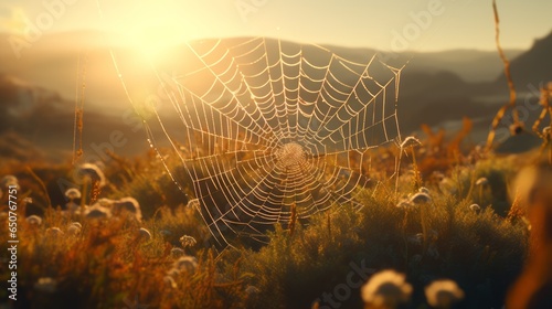 A spider web glistening in the sunlight in a vast open field