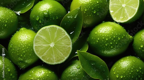 Close-up of fresh limes covered in water. Top view of healthy vegetables, food background