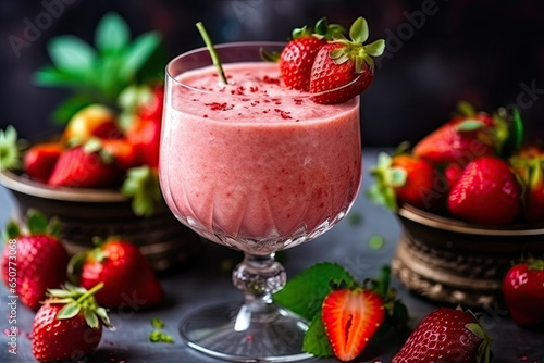 Appetizing homemade strawberry smoothie in glass, Generative AI