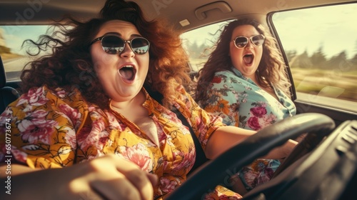 Two plus size women driving a car. Two overweight friends went on a trip by car