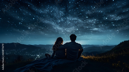 Intimate view of a couple on a hill stargazing and pointing out star constellations