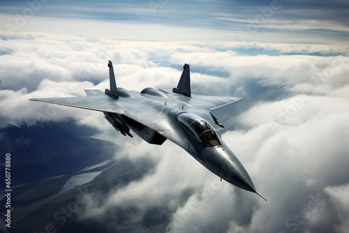 Military aircraft fighter jet flying at supersonic in clouds, 5th generation, aerial view