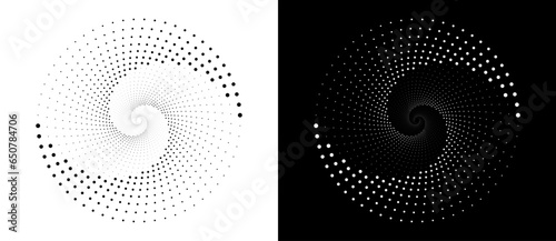 Circle with halftone black dots as advertising background or logo or icon. A black figure on a white background and an equally white figure on the black side.