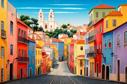 Vibrant colors of Lisbon colonial street illustration