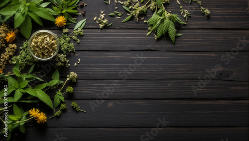 Natural herbal plant medicine over black wooden table background. Backdrop with copy space