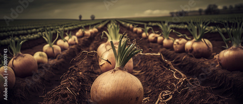 Onion harvest in the garden. Generative AI.