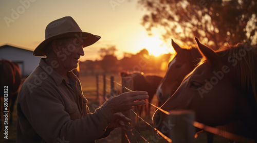 Dedicated farmer caring for majestic horses, ensuring their well-being in the farm stable