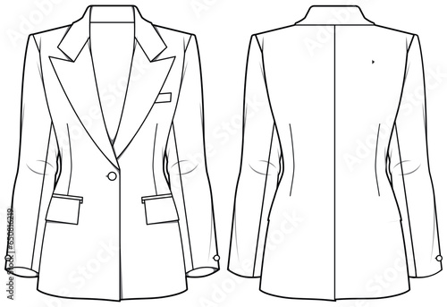 Women's Notch lapel blazer coat flat sketch fashion illustration front and back view, Work wear single breast coat suit with button technical drawing vector template. Formal wear coat