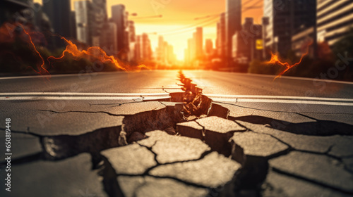 Earthquake cracked road street in city , damaged road surface after seismic activity in residential area. Powerful tectonic city road break, large roadway crack after strong earthquake