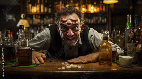 Impressive disgusted Irish bartender pinching nose in revulsion. Emotive expression, pint of Guinness highlight his disdainful face in vibrant pub scenery.