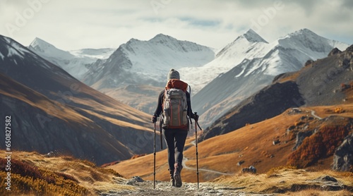 Mujer practicando trekking por una montaña nevada