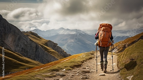 Mujer con palos de trekking en un camino de alta montaña