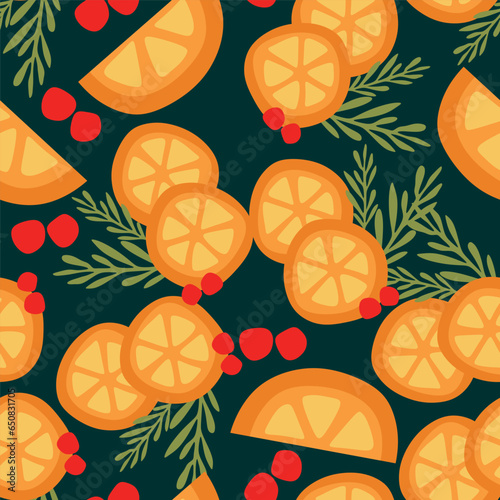 Orange slices on dark seamless pattern. Citrus fruit background with Cranberries and Mistletoe. Christmas mulled Wine Template for banner, Postcard, Packaging, Poster.