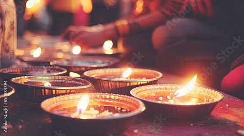 Happy Diwali - festival of lights colorful background with decorative Diya lamp and Rangoli, Generative AI