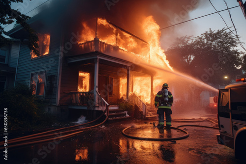 Bombero apagando incendio en una casa en los suburbios.