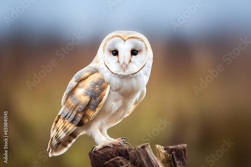 white Owl sits on a trunk 