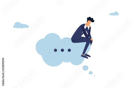 Critical thinking concept for solving a problem, thoughts about a new idea, concentration, skeptical or rational concept, thoughtful businessman sitting, on a thought bubble. Illustration