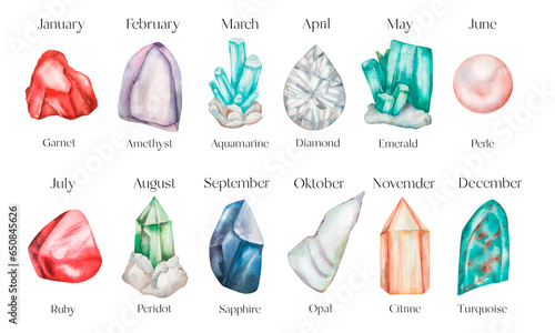 Zodiac signs and their gemstones on color background. Stones and minerals for each month.