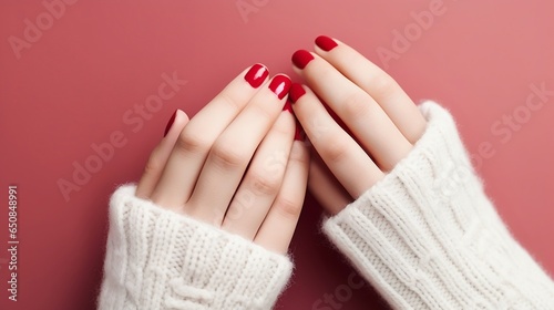 Care of women's hands. Red painted nails and white woolen sweater. Manicure, pedicure design trends. Christmas manicure