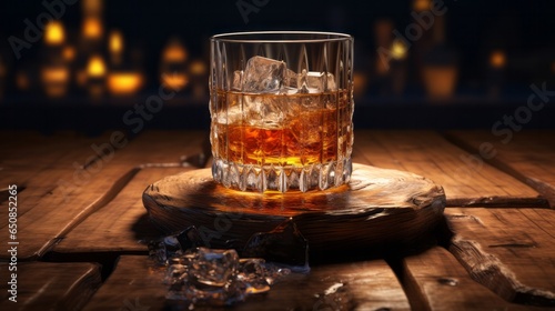 A glass of whiskey with ice on a wooden table