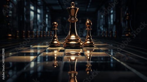 A golden chess piece reflecting light on a shiny surface