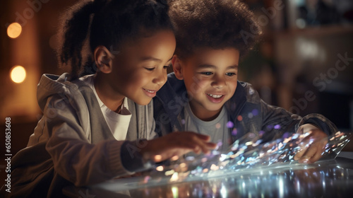 Smiling mixed race black girl and boy children holding a portable tablet device futuristic technology, hologram screen, AI, chat box, robot