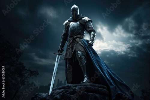 Knight in shining armor, raising a sword