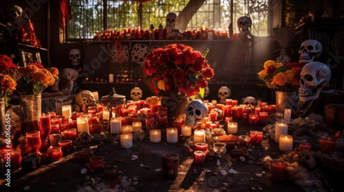 Ofrendas decorated with candles and marigold flowers in the temple