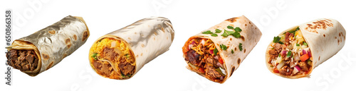 Set of tasty Mexican burrito rolls isolated on a white or transparent background, tortilla wrapped into a cylindrical shape around a filling of various ingredients.