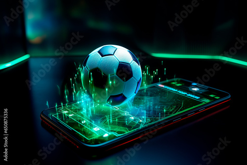 Virtual sports betting on soccer using smartphone, currency and ball.