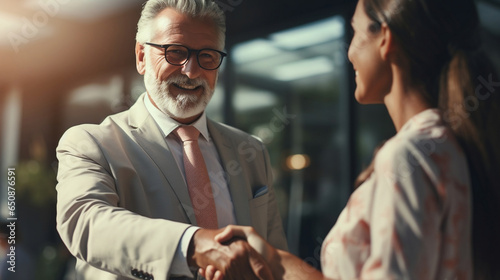 two businessmen shaking hands, young woman and senior businessman doing agreement
