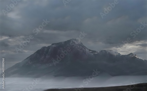 Illustration of an ocean by scenic mountains on a moody day with dramatic clouds