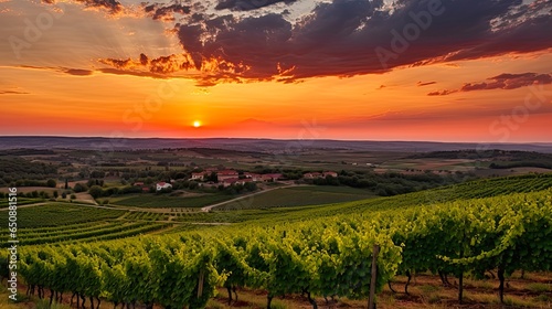 Emilia Romagna Vineyards at Sunset: Stunning Landscape of Levizzano Rangone Vinery and Agriculture Fields with Grape Vines and Green Nature