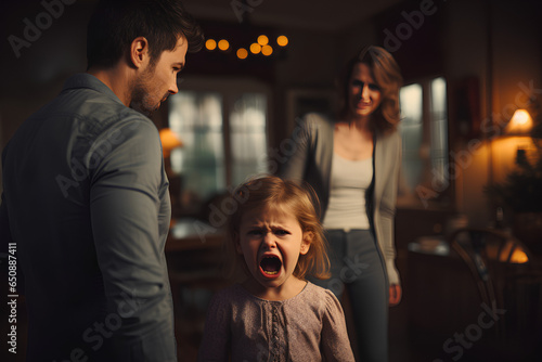 Angry screaming child with desperate parents.Stressed exhausted mother and father feeling desperate about screaming stubborn kid tantrum, upset annoyed parents tired of naughty difficult