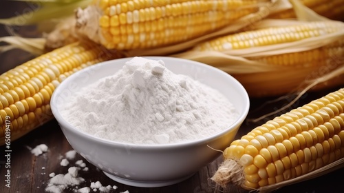 Corn starch in bowl with with ripe cobs and kernels on table.